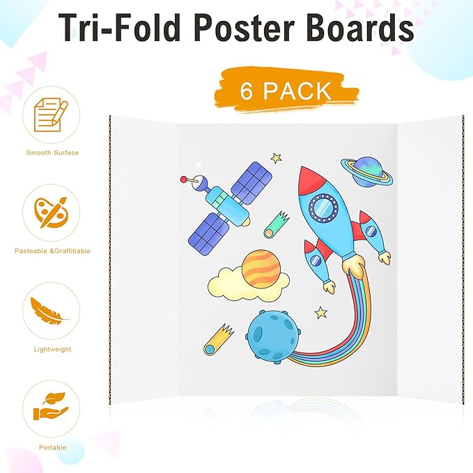 HAUTOCO 6 Pack Trifold Poster Board 26'' x 15.74'' Medium Tri Fold Project Boards White Corrugated Presentation Cardboard for Science Fairs, School Projects, Event Displays, Business