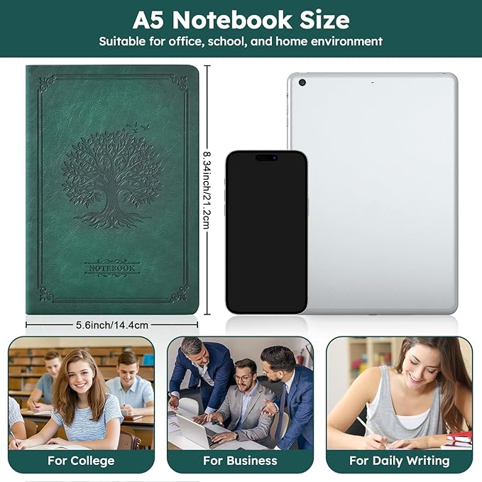 FOCUS DAY A5 Journal Notebook for Women Men, 320 Pages Lined Journaling Notebook with 100GSM Thick Paper, Hardcover Leather Note book for Work Writing Note Taking Diary, School, 5.7'' X 8.4'', Green