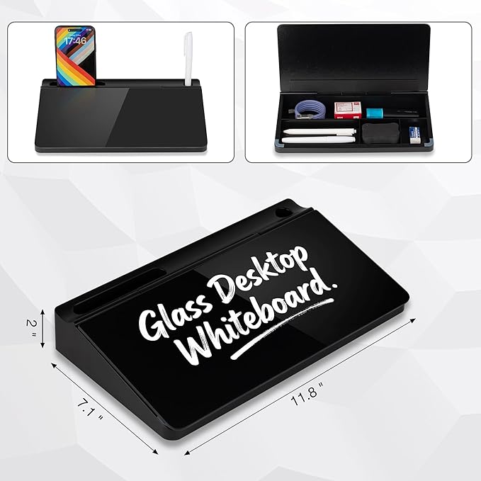 Small Glass Desktop Whiteboard 11.8×7”, Dry Erase Note Memo Board, Desk Organizer with Storage for Desk, Home, Study, Office, Black