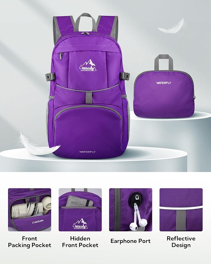 WATERFLY Hiking Packable Daypack Backpack: 35L Ultra Lightweight Day Pack for Women Men - Large Foldable Back Pack for Outdoor Sport Cycling Camping Travel Trip - Purple