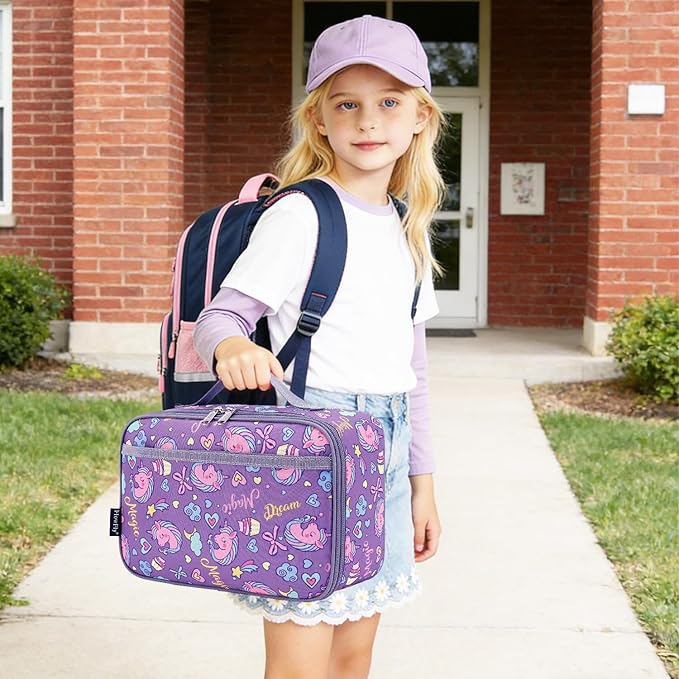 FlowFly Kids Lunch box Insulated Soft Bag Mini Cooler Back to School Thermal Meal Tote Kit for Girls, Boys, Purple Unicorn