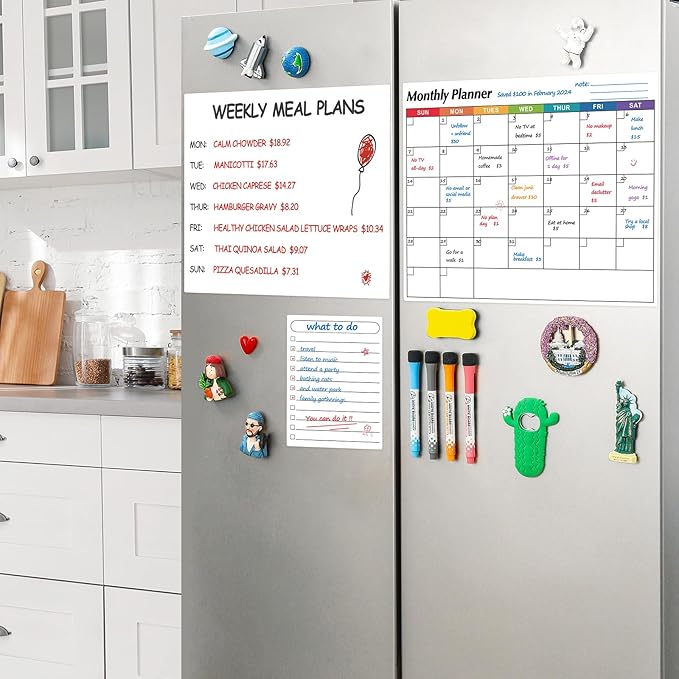 Dry Erase Magnetic Calendar for Refrigerator, 3 Pack- Monthly & Blank & Daily Planner Magnet Whiteboard for Fridge Wall Door - Shopping, Meal/Menu, to Do List, Family Schedule Planning Board (B)