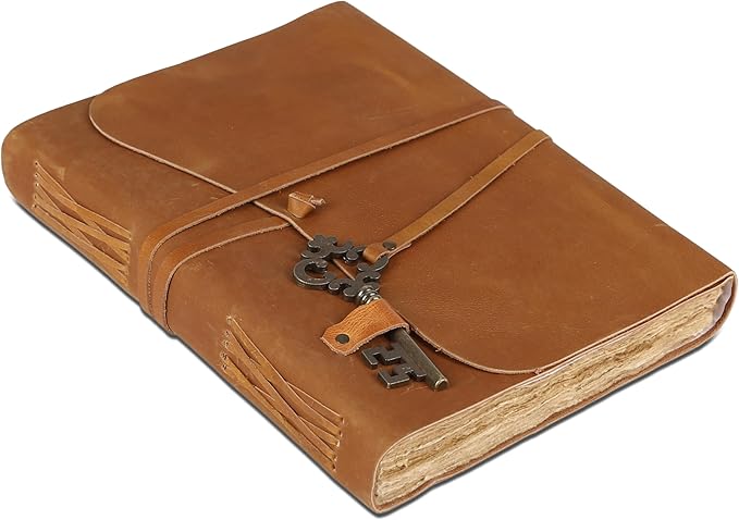 Leather Journal with Deckle Edge Paper 8x6 inch and Vintage Key | Handmade Writing Notebook Diary | Bound Daily Notepad for Men & Women Medium, Sketch/Writing pad for Artists