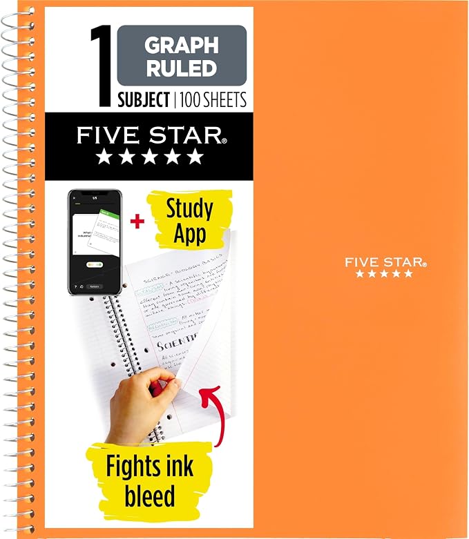 Five Star Spiral Notebook + Study App, 1 Subject, Graph Ruled Paper, 8-1/2" x 11", 100 Sheets, Fights Ink Bleed, Water Resistant Cover, Sedona Orange (620000CD1) (Pack of 12)