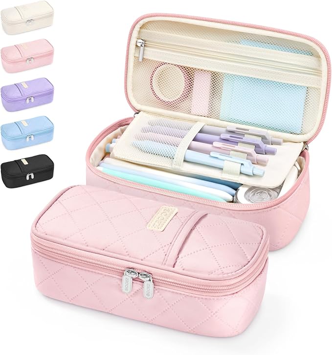 Sooez Cute Pencil Case, Soft Quilted Pencil Pouch, Large Pen Pencil Bag | Zipper Pen Case, Aesthetic Pen Pouch, Colored Stationery Storage & Organizer, School Supplies for Teen Girl Students, Pink