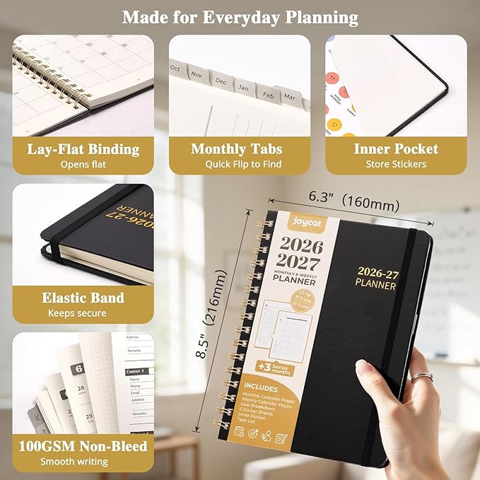 JoyCat 13-Month Academic Planner 2026-2027, June 2026 - June 2027, A5 Weekly & Monthly Planner, Hardcover Agenda with Tabs, 5 Sticker Sheets, Elastic Closure & Pocket for Teachers & Students, 6.3" x 8.5", Black