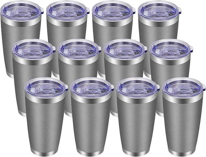 VEGOND 20oz Tumbler with Lid and Straw Stainless Steel Tumbler Cup Bulk Vacuum Insulated Double Wall Travel Coffee Mug Powder Coated Coffee Cup, Grey, 12 Pack
