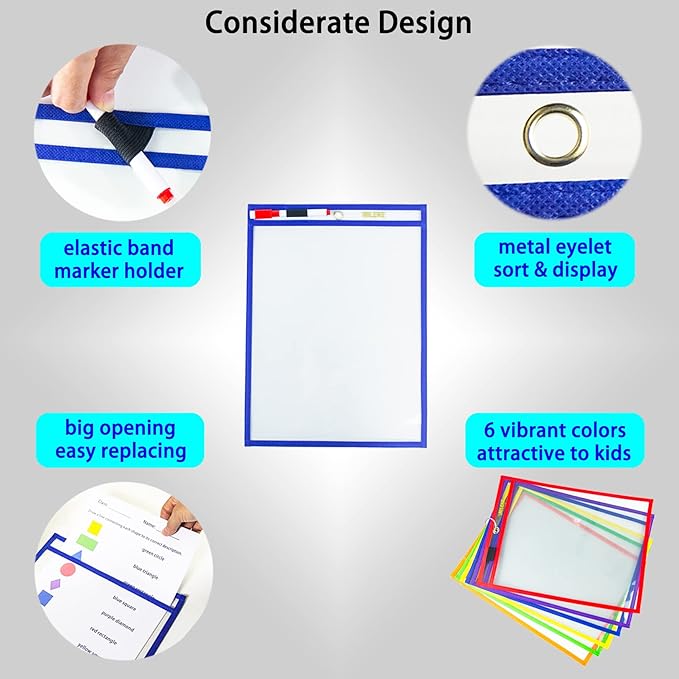 MILEKE Heavy Duty Dry Erase Pockets, Rewritable Dry Erase Sleeves for School and Work, Clear workSheet Protectors, 10" x 13.5" Plastic Ticket Holders, 6 Colors Assorted, Pack of 6