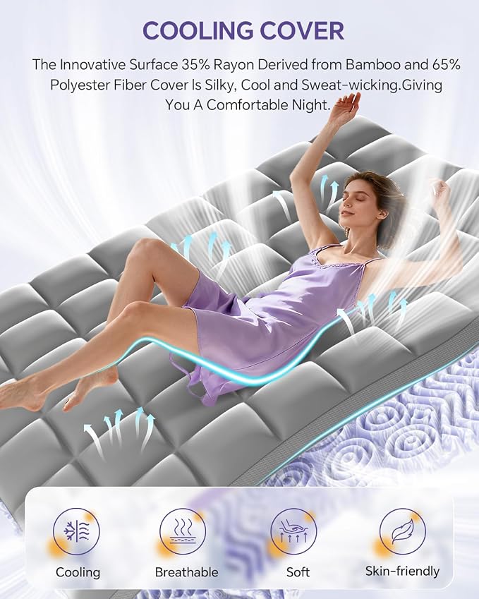 ChiXpace Dual Layer 5 Inch Memory Foam Mattress Topper Queen | 3 Inch Pillow Top Mattress Pad Cover and 2 Inch Gel Memory Foam, 7-Zone Egg Crate & 2-in-1 Design (Gray)