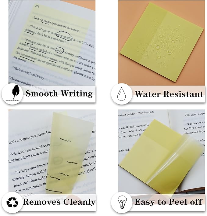 YOUDEFUL Transparent Sticky Notes, 3"x3" Clear Sticky Notes, Waterproof Translucent Sticky Note Pads for Books Annotation, Clear Post it Notes for Bible Journaling Study, School Office Supplies