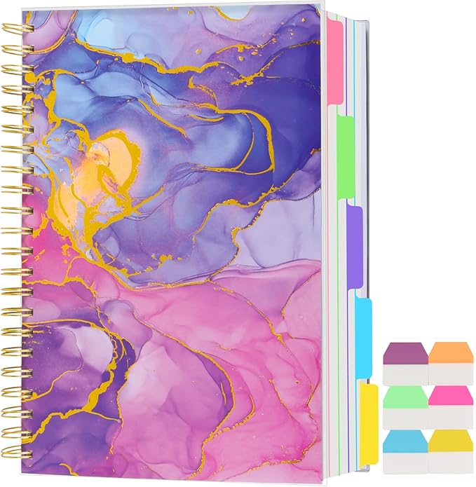 5 Subject Notebook College Ruled, A5 Spiral Notebook with Removable Pocket Dividers Tabs, Lined Organizer Notebook Journal for Women, 240 Pages Notebooks for Work School Note Taking, Pink Marble