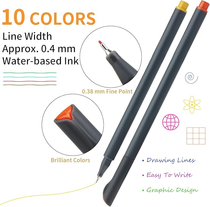 MyLifeUNIT Fineliner Color Pen Set, 0.4mm Colored Fine Liner Sketch Drawing Pen, Pack of 10 Assorted Colors