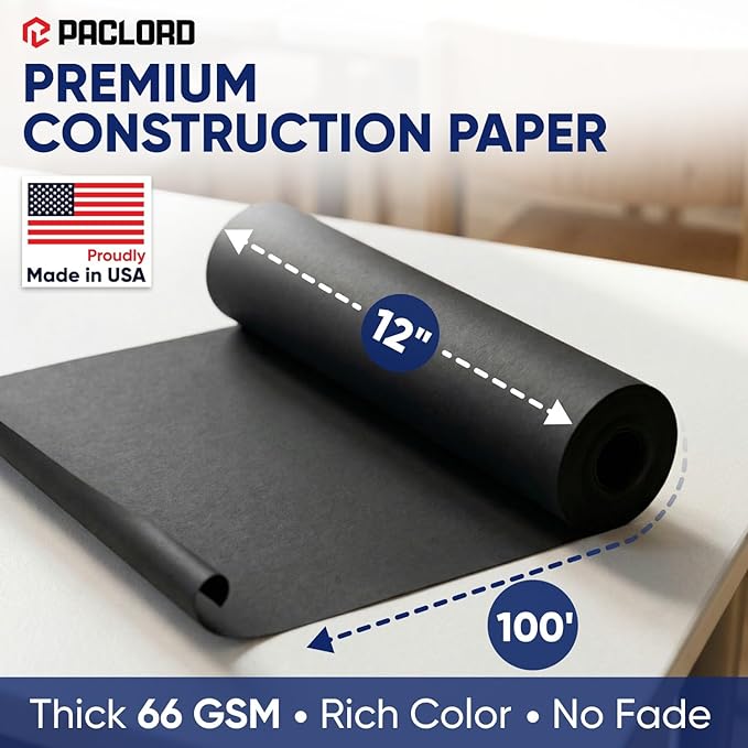 Black Construction Paper Roll 12" x 100 ft – Made in USA – 12" Bulletin Board Paper for Classroom & School, Teachers & Kids