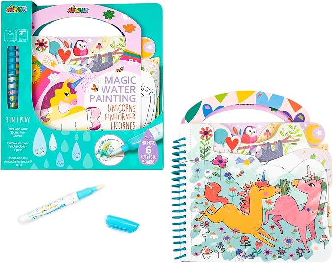 Avenir Reusable Water Coloring Book for Toddlers 3-5 – Mess-Free Paint-with-Water Travel Toy Airplane Activities Road Trip Quiet Book, Water-Reveal Activity Pad, 3-in-1 Creative Set