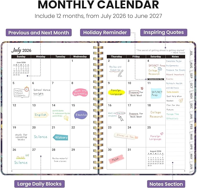 Planner 2026-2027, Monthly and Weekly Academic Planner July 2026 - June 2027, Hardcover Student Teacher Planning Agenda Calendar Book with Tabs, Perfect for Office School Supplies, A5 (6.3" x 8.5") - Lavendar Floral