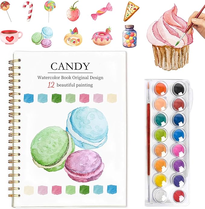 Easy Watercolor Workbook for Beginners - 12 Beautiful Step-by-Step Paintings Water Coloring Book, Includes 16 Colors Paints, Relaxing Art Projects and Creative Gift for Adults & Teen (Candy)