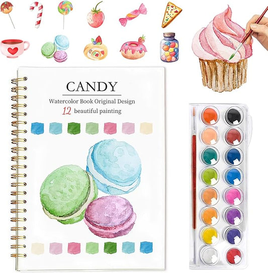 Easy Watercolor Workbook for Beginners - 12 Beautiful Step-by-Step Paintings Water Coloring Book, Includes 16 Colors Paints, Relaxing Art Projects and Creative Gift for Adults & Teen (Candy)