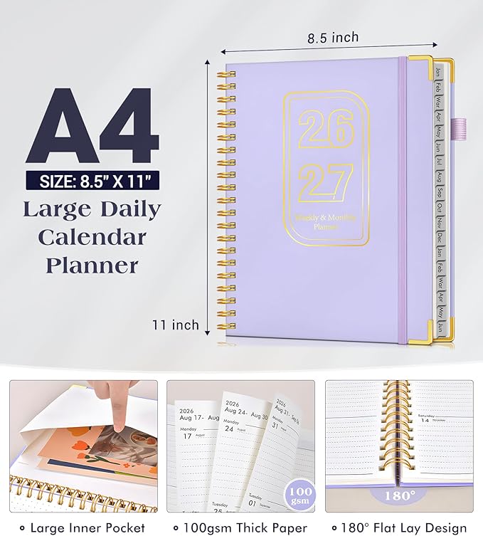 Planner 2026-2027, 18 Months Weekly and Monthly Hardcover Planner, January 2026 - June 2027, 8.5" x 11" A4 Large Daily Calendar Planner Book with Tabs, Spiral Yearly Agenda Organizer Notebook for School Work Home, Purple