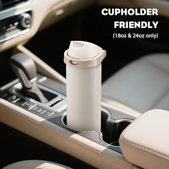 POWCAN 32 oz Insulated Water Bottle, 2-in-1 Push-Button Spout & Quick-Flip Straw Lid, Leakproof, Keep Cold 24Hrs, BPA-Free, Stainless Steel Water Bottle for Sports, School, Travel, Gym (Oat Mousse)