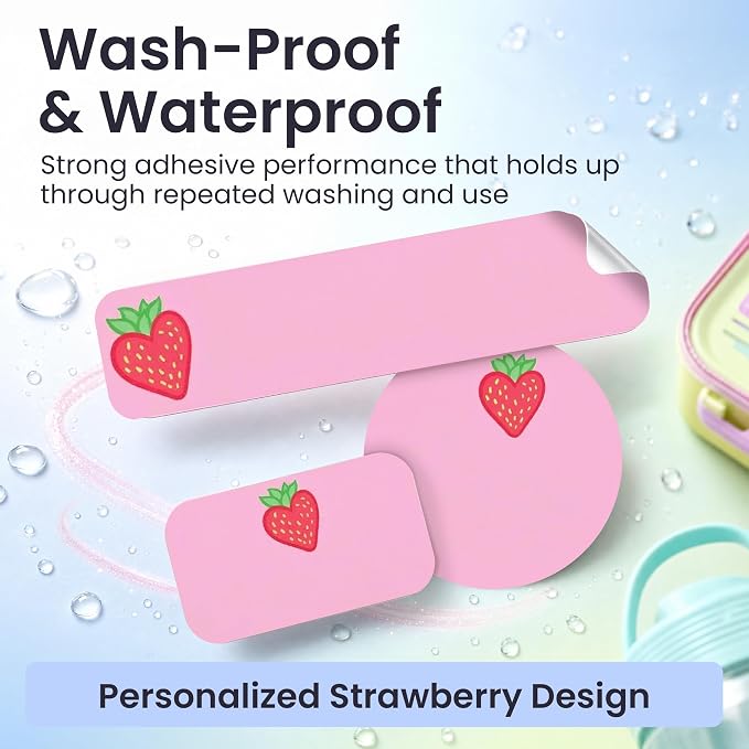 Label Daddy Personalized Name Labels for School, Strawberry Design | Waterproof Name Tags for Kids, Washable Custom Daycare Labels, Clothes Lunchboxes Water Bottles and More, 128 Ct & 256 Ct