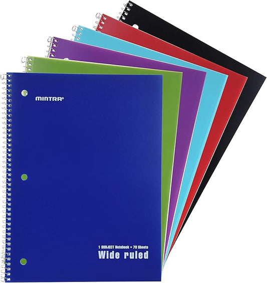 Mintra Office Spiral Notebooks Set - Primary Colors, Wide Ruled, Poly Waterproof Covers, Journals for School, Work, Business, Writing Pads, Teacher & Student Supplies, 70 Sheets Each, 6-Pack