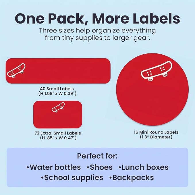 Label Daddy Personalized Name Labels for School, Skateboard Design | Waterproof Name Tags for Kids, Washable Daycare Labels, Clothing, Lunch Boxes, Water Bottles and More, 128 Ct