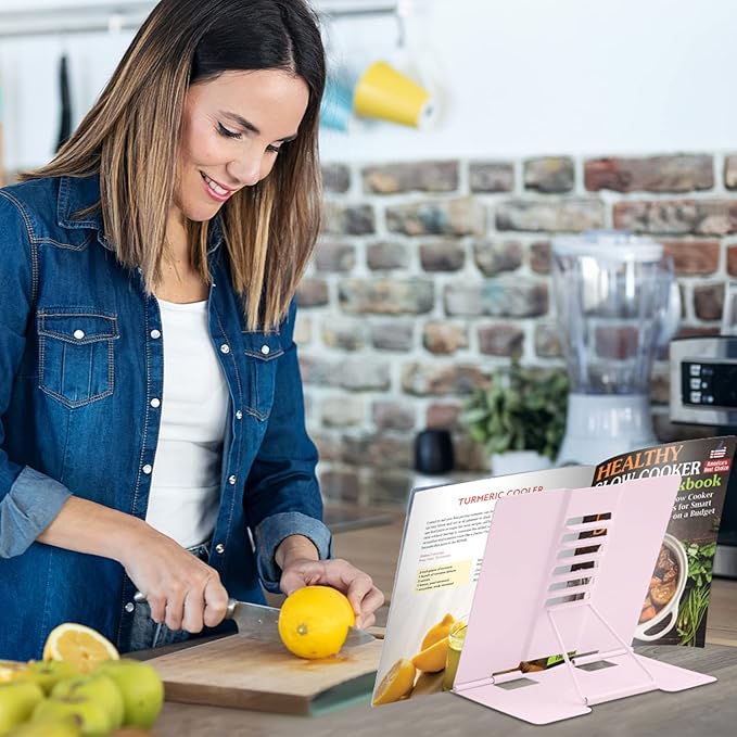 Honagu Book Stand Metal Desk Book Holder, Book Holders for Reading Hands Free, Adjustable Cookbook Documents Holder, Portable Bookstand for Music Books, Textbook, Recipe, Tablet, Ipad (Macaron Pink)