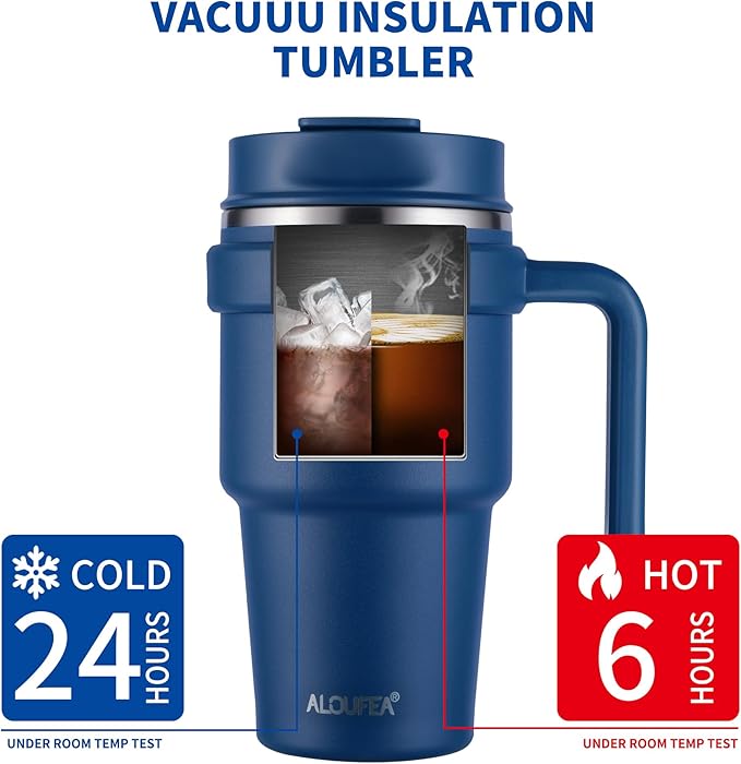 20 oz Insulated Coffee Mug Tumbler with Handle, Stainless Steel Travel Mug Tumbler with Lid and Straw,Double Wall Vacuum Leak Proof Ice Coffee Thermal Cup, Navy/Rose Gold