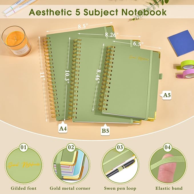 Hardcover Spiral Notebooks for Work, 5 Subject Notebook College Ruled with Dividers Tabs, Lined Organizer Notebook Journal for Women, 240 Pages Small A5 Notebooks for School Note Taking, 5x7 Green