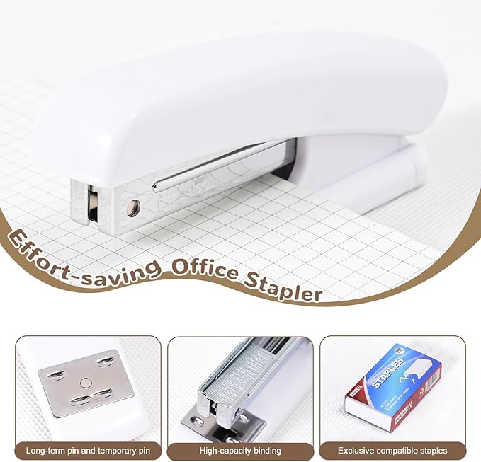 Gawsey Desk Organizers and Accessories Set with 360-Degree Rotating Pen Holder, Tape Dispenser, Stapler, Staple Remover, 1000 Staples, Tape, Clips Set, Ruler, Scissor, Pen (White)