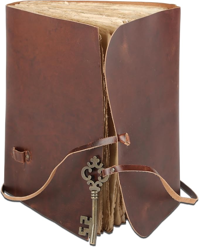 Leather Journal with Deckle Edge Paper 8x6 inch and Vintage Key | Handmade Writing Notebook Diary | Bound Daily Notepad for Men & Women Medium, Sketch/Writing pad for Artists