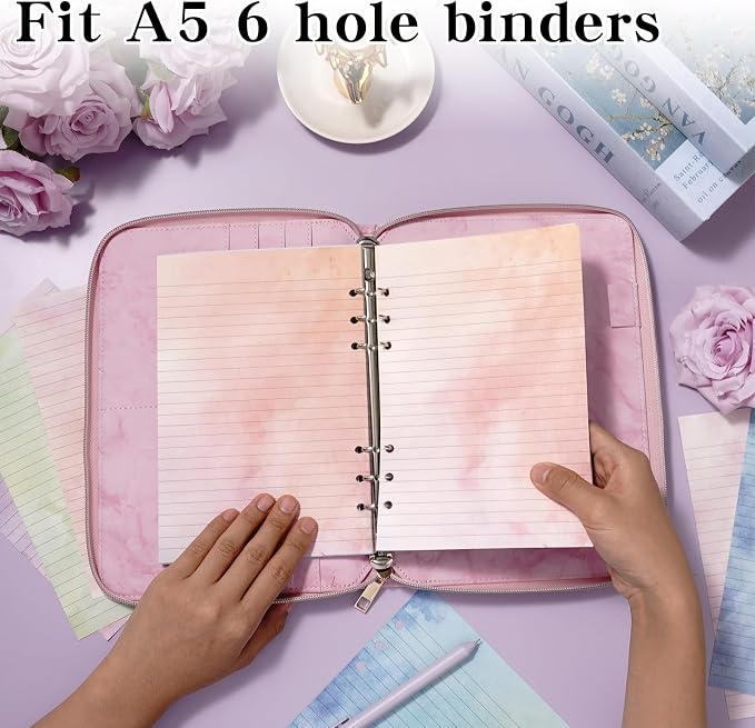 100 Sheets Gradient A5 Refill Papers for Planner Binder Insert with Pink Pu Leather Binder Cover, Refillable 6 Ring Binder Journal with 120GSM Thick Watercolor Notebook Fillers for Girls Women
