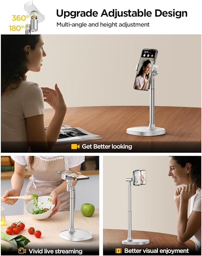 DIMONCOAT Adjustable Aluminum Alloy Cell Phone Stand - White, Universal Compatibility with 4-7 inch Devices, 180° Flip & 360° Rotation