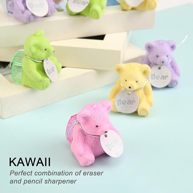 HILAZA 8Pcs Cute Backpack Bear Erasers Desk Petski, Kawaii Fun Animal Erasers with Pencil Sharpener for School Classroom Supplies Prize Gifts Party Favors