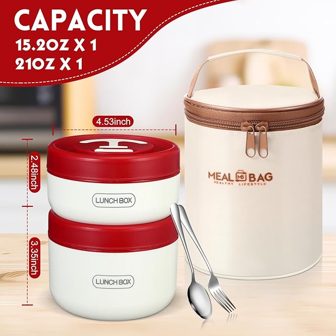 Dandat 2 Pcs Portable Insulated Lunch Containers Thermal Bento Box with Bag Fork Knife Microwavable Stainless Steel Lunch Box 15.2 oz 21 oz Separate Stackable Food Jar for Adult Men Women(Red)