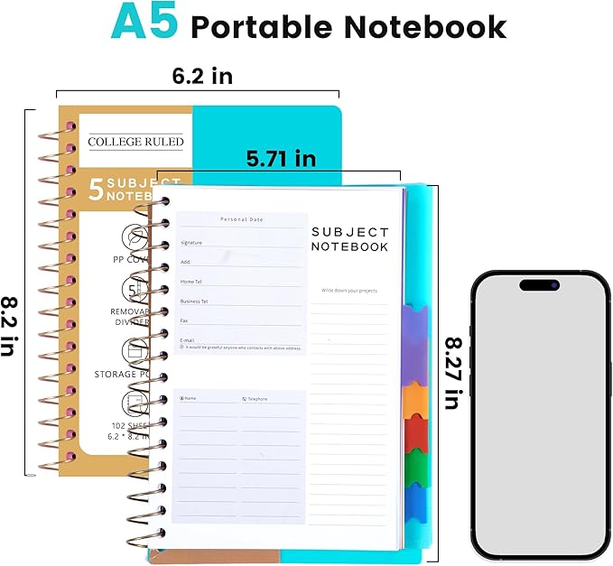 CAGIE Small Spiral Notebooks with Removable Dividers Tabs, 5 Subject Notebook College Ruled, A5 Notebooks for School Work with Plastic Cover, Back Pocket, Spiral Bound, Teal