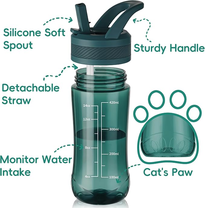 14oz Clear Kids Water Bottle with Straw Lid, BPA-Free Tritan, Measurement Scale, Sturdy Handle Wide Mouth Leak-proof Reusable Plastic Bottle for Boy& Girls, Back to School(Dark Green)