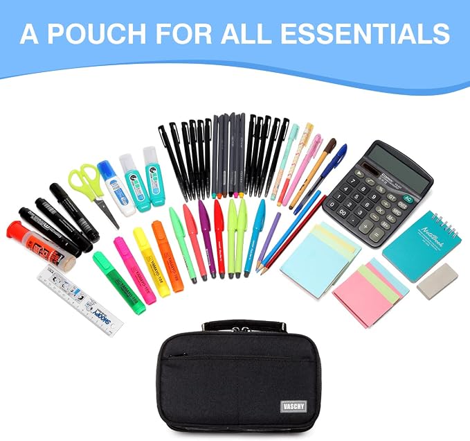 VASCHY Pencil Case, Large Pencil Pouch with Compartments for Middle School,Work,Office Pen Organizer Holder School Supply Black