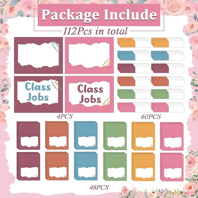 112Pcs Class Jobs Chart for Classroom Colorful Boho Classroom Job Bulletin Board Set Back to School Class Management Educational Teacher's Helper Pocket Chart Posters Cards Chalkboard Decor School Sup
