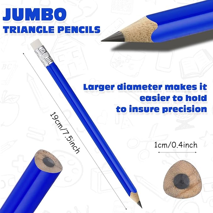 Fainne 48 Pcs Fat Pencils Jumbo Big Thick Large Pencils and 3 Pieces Sharpeners for Kids Beginners Preschoolers Kindergarten School Office Supplies(Blue+silver,Triangle)