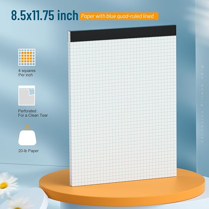 AILZFEI Graph Paper Notebook 8.5 x 11 Grid Paper Pad Quad Ruled, 2 Pack, 30 Sheets per Pad, White, 4x4 (4 Squares per inch), Easy-Tear Perforations, 8.5"x11" Quad Ruled Grid Paper Pad