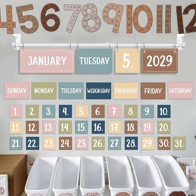 TecUnite Boho Flip Calendar Bulletin Board Set with Set 54 Cards Morandi Adjustable Flip Calendar for Classroom Preschool Graduation Gift Back to School Supplies
