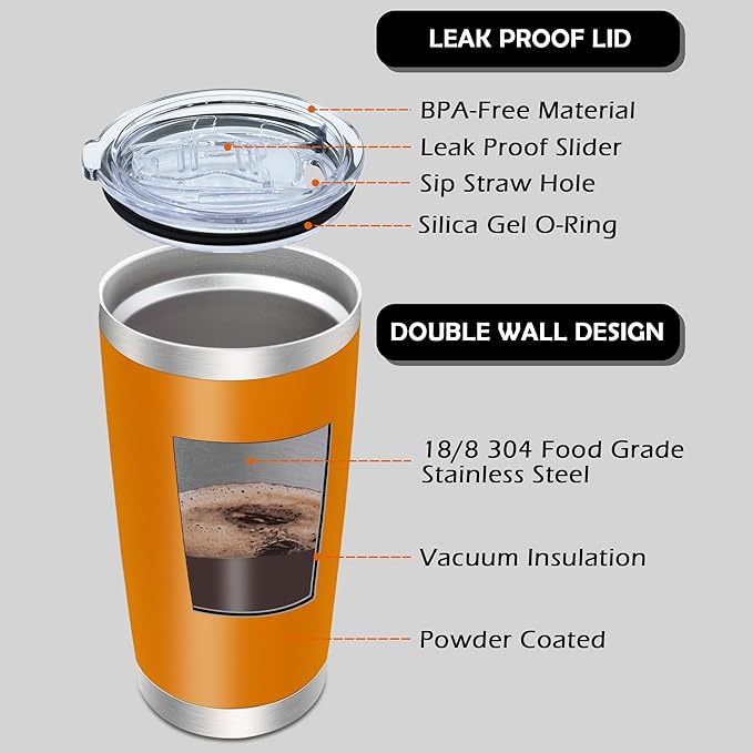 AIANJI 20oz Tumbler Bulk Stainless Steel Tumblers with Lid Vacuum Insulated Double Wall Travel Coffee Mug Powder Coated Tumbler Cup for Hot and Cold Drinks(Orange, 6 pack)