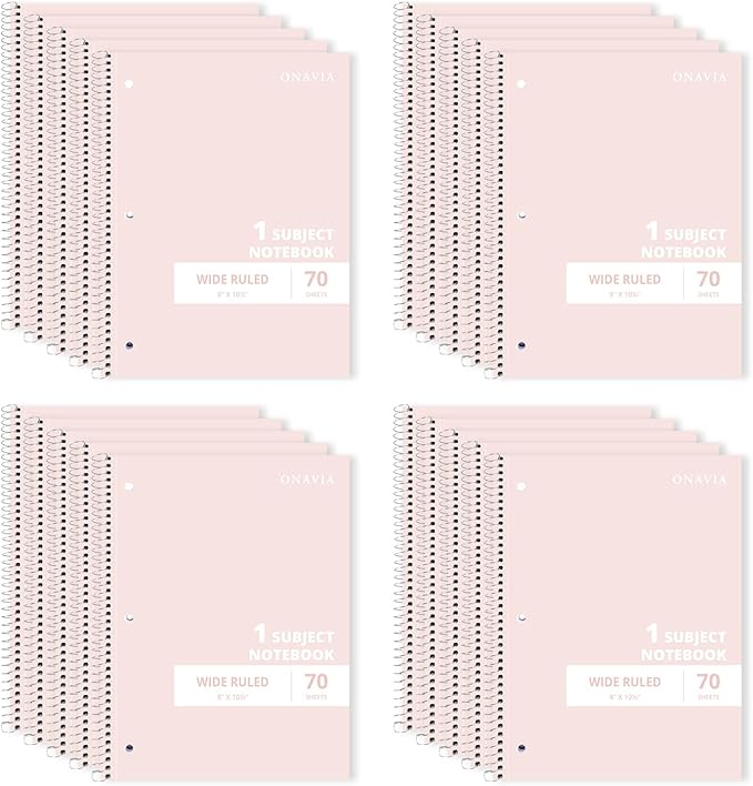 ONAVIA Pink 1 Subject Spiral Notebook Wide Ruled Bulk, 140 Pages | 70 Sheets, 7.5 x 10.5 in, 20 Pack School Notebooks, Wide Ruled Paper, Students, Classroom, Homework