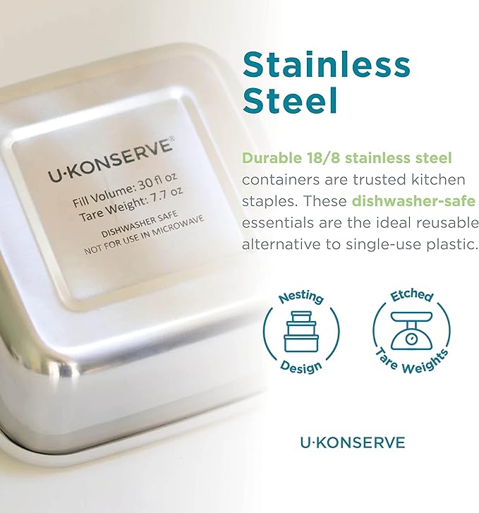 U Konserve Stainless Steel Nested Trio Food Storage Container Bento Box, Set of 3 (15, 30, & 50 oz), Leak Resistant, Silicone Lid, Dishwasher Safe, Plastic Free