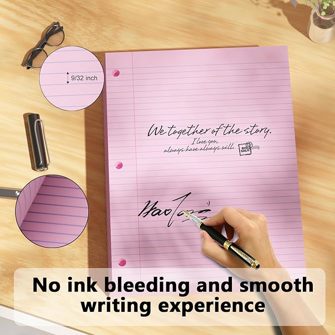 Pink Loose Leaf Paper 200 Sheets Colored Filler Paper 2 Pack 8 * 10.5 College Ruled 3-Hole Punched Paper for 3-Ring Binders Notebook Lined 8" x 10.5"