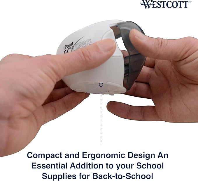 Westcott iPoint Eclipse Battery Pencil Sharpener, Unique Two-Blade Technology, EZ-View Reservoir, Requires 4 AA Batteries, White, for Home, Small Office, Classroom, Back to School, School Supplies
