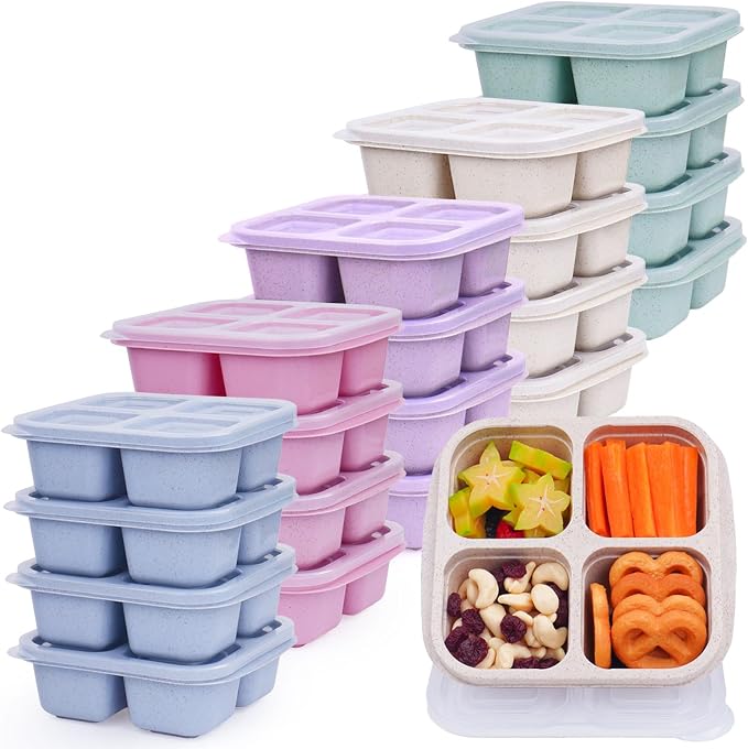 20 Pack Reusable Meal Prep Containers with Lids, Wheat Straw BPA Free | 4 Compartments, Easy Open, Food Storage & Lunch Containers, Microwave and Dishwasher Safe, for Travel, Picnic, Party