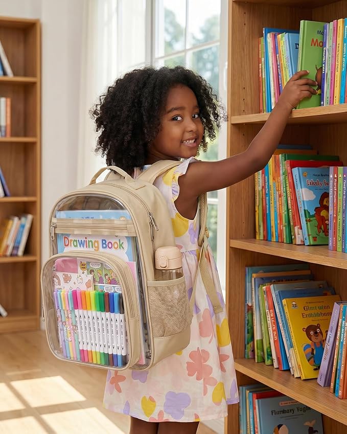 Soimeat Clear Backpack for Girls Boys - Kids Clear Bookbag - Fabric & PVC Transparent Backpacks for Elementary School, Khaki