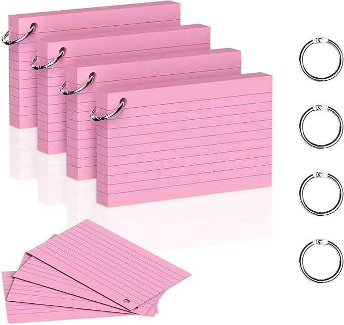 200 Count 3 x 5 Inch Pink Index Cards with Binder Rings, Lined & Blank Study Cards, Thick Cardstock Flash Cards for Students & Teachers, Color-Coded Notecards for School, Home, Work